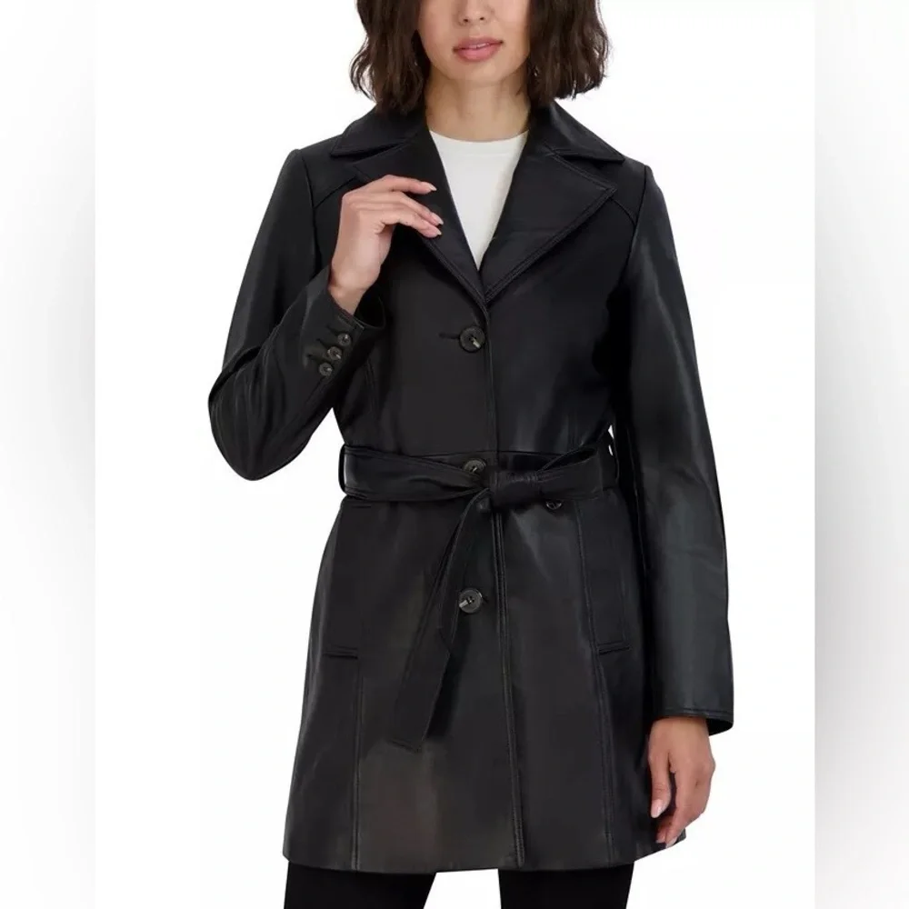 Tahari: Nicole Belted Leather Trench Coat - Picture 1 of 3